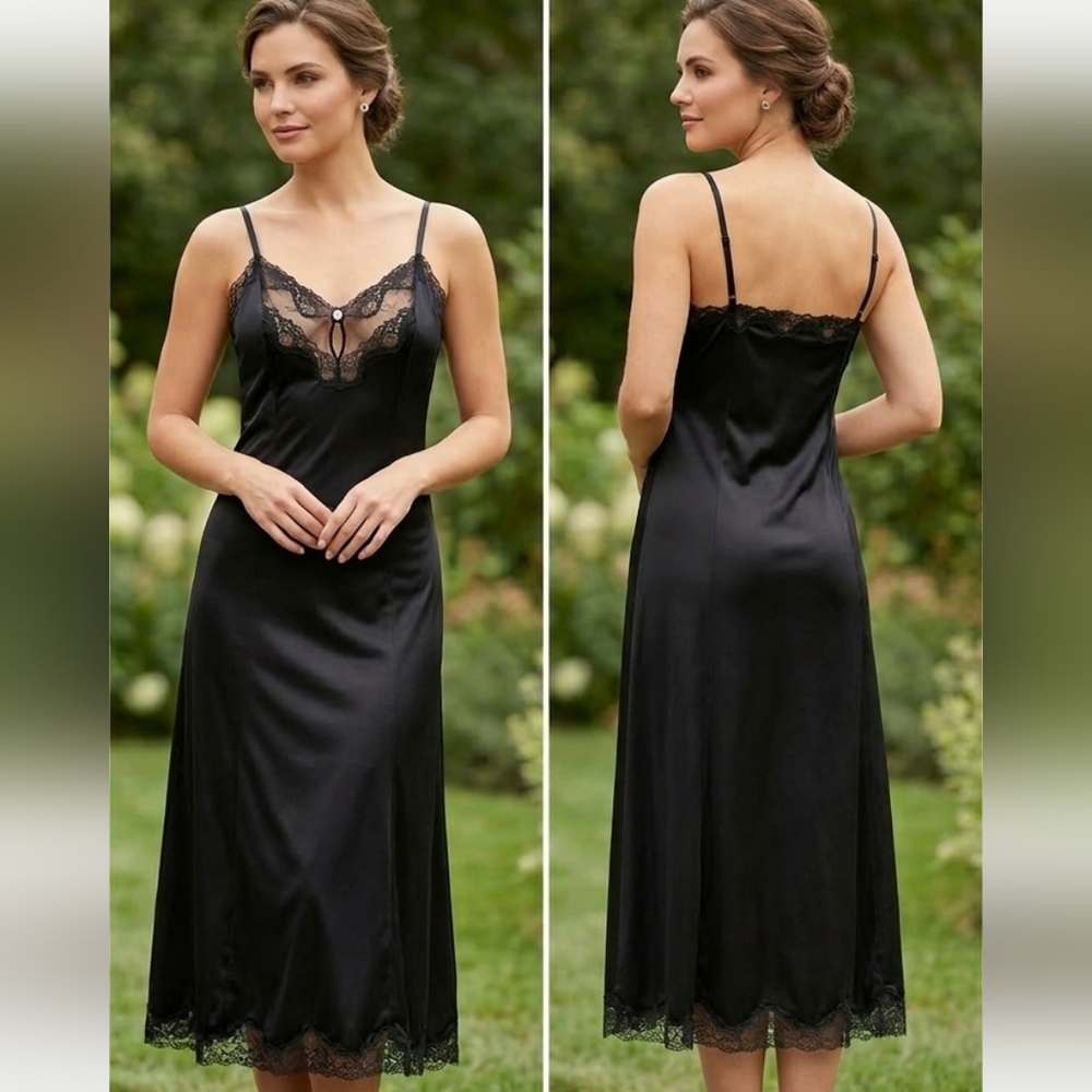 Vintage Satin Lace Black Slip Dress Nightgown
